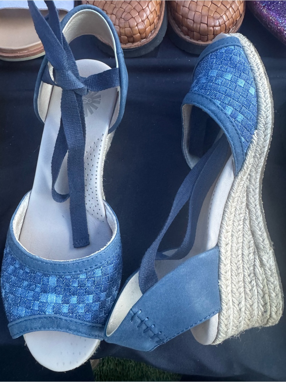 UGG Blue Woven Espadrille Wedge Sandals with Ankle Tie